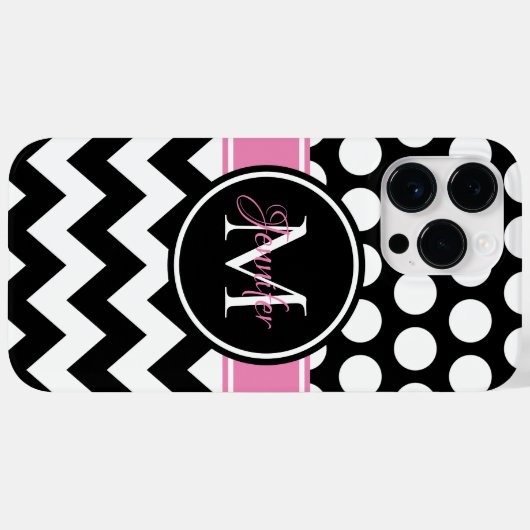 Schwarz-Rosa-Zickzack-Polka-Dot-Monogramm Case-Mate iPhone Hülle (Rückseite (Horizontal))