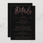 Schwarz & Rose Gold Glitzer Hochzeitsdetails Begleitkarte (Vorne/Hinten)