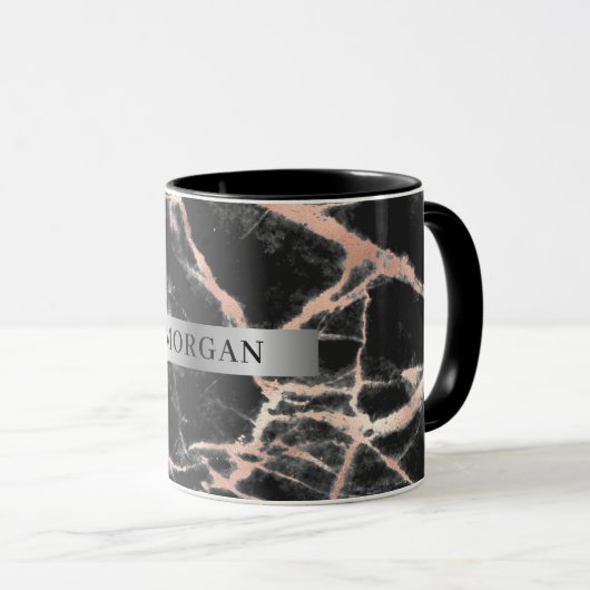 Schwarz-Rose-Gold-Marmor, Name auf Silberband-Tass Tasse (VorderseiteRechts)
