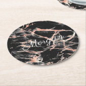 Schwarz-Rose-Gold-Marmor, weißer Script-Name Runder Pappuntersetzer (Angewinkelt)