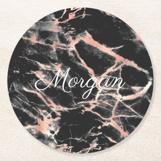 Schwarz-Rose-Gold-Marmor, weißer Script-Name Runder Pappuntersetzer (Vorderseite)