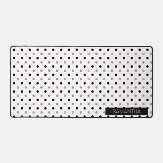 Schwarz & Rose Gold Polka Punkte in weißem Hinterg Schreibtischunterlage (Vorderseite)