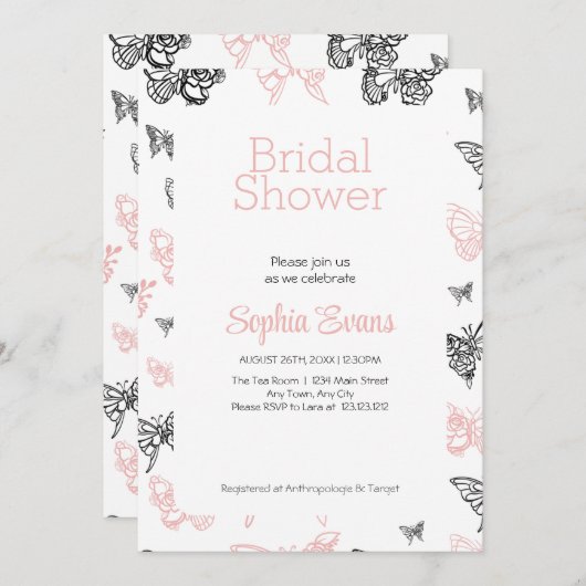 Schwarz & Rose Gold Schmetterlinge Weißes Brautpar Einladung (Vorne/Hinten)