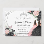 Schwarz Roses Floral Twins Quinceanera Sweet 16 Save The Date (Vorderseite)