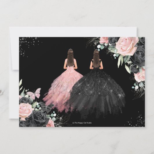 Schwarz Roses Floral Twins Quinceanera Sweet 16 Save The Date (Rückseite)