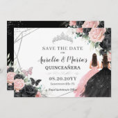 Schwarz Roses Floral Twins Quinceanera Sweet 16 Save The Date (Vorne/Hinten)