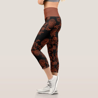 Schwarz-Rost-Blüten Capri Yoga-Leggings