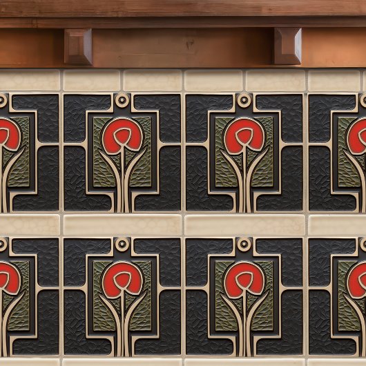 Schwarz-Rot-Abstrakte Blume Mitte des Jahrhunderts Fliese