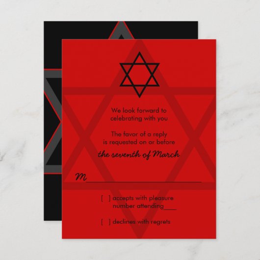 Schwarz-Rot-Bar Mitzvah-UAWG-Antwortkarte RSVP Karte (Vorne/Hinten)