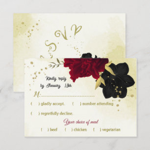 Schwarz-Rot-Blume-Gold-Blätter RSVP Karte