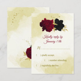 Schwarz-Rot-Blume-Gold-Blätter RSVP Karte