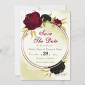 Schwarz-Rot-Blume-Gold-Blätter Save The Date (Vorderseite)