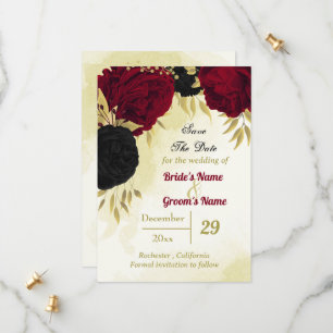 Schwarz-Rot-Blume-Gold-Blätter Save The Date