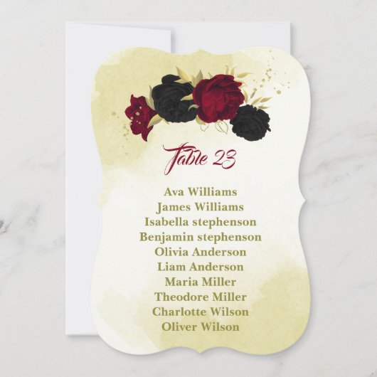 Schwarz-Rot-Blume Gold-Blätter Sitzkarte Einladung (Vorderseite)