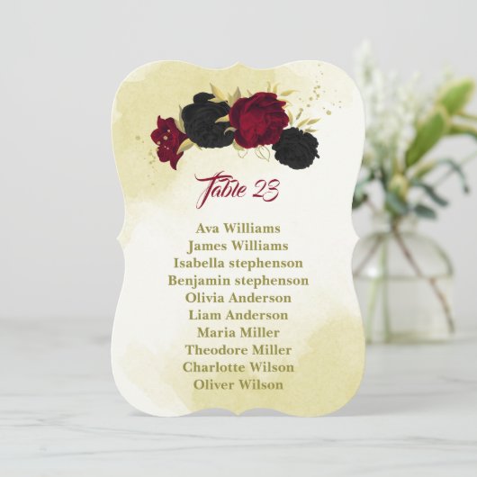 Schwarz-Rot-Blume Gold-Blätter Sitzkarte Einladung (Stehend Vorderseite)