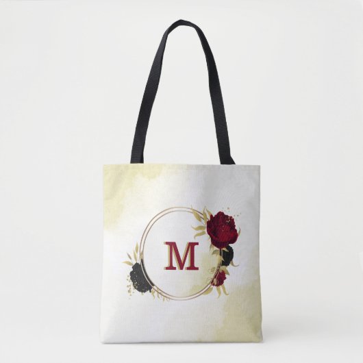 Schwarz-Rot-Blume-Gold-Blätter Tasche (Vorderseite)