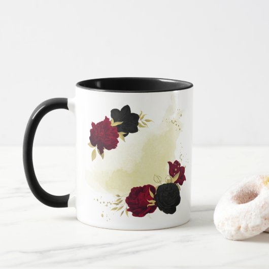 Schwarz-Rot-Blume-Gold-Blätter Tasse (Mit Donut)