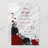 Schwarz-Rot-Blume-Graue Blätter aus Marmor Save The Date (Vorne/Hinten)