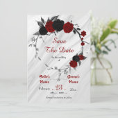 Schwarz-Rot-Blume-Graue Blätter botanischer Kranz Save The Date (Stehend Vorderseite)