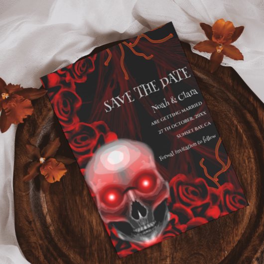 Schwarz-Rot-Blütenschwarz-moodisch-gotischer Schäd Save The Date