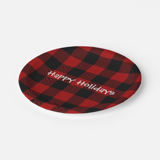 Schwarz-Rot-Büffel kariert Pappteller (Schrägansicht)