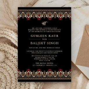 Schwarz Rot Creme Ikat Anand Karaj Sikh Hochzeit Einladung