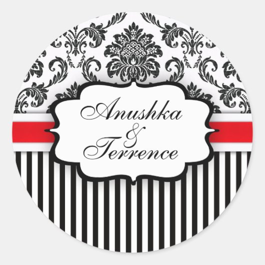 Schwarz-Rot-Damasstreifen-Hochzeitsticker Runder Aufkleber (Vorderseite)