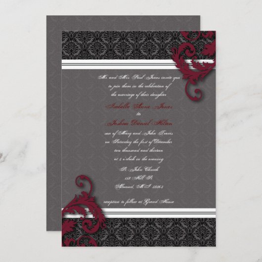 Schwarz-Rot-Elegante Damask Einladung (Vorne/Hinten)