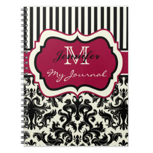 Schwarz-Rot Elfenbein Striped Damask Journal Notizblock