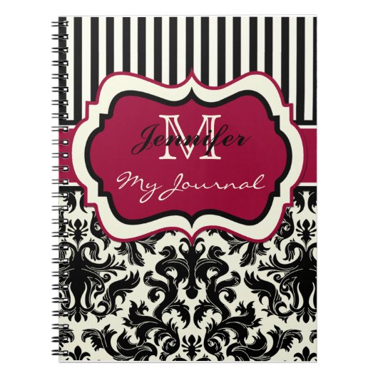 Schwarz-Rot Elfenbein Striped Damask Journal Notizblock (Vorderseite)