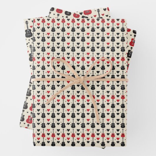 Schwarz-Rot-Gitarre-Herzmuster auf Off-White Geschenkpapier Set (Beispiel)