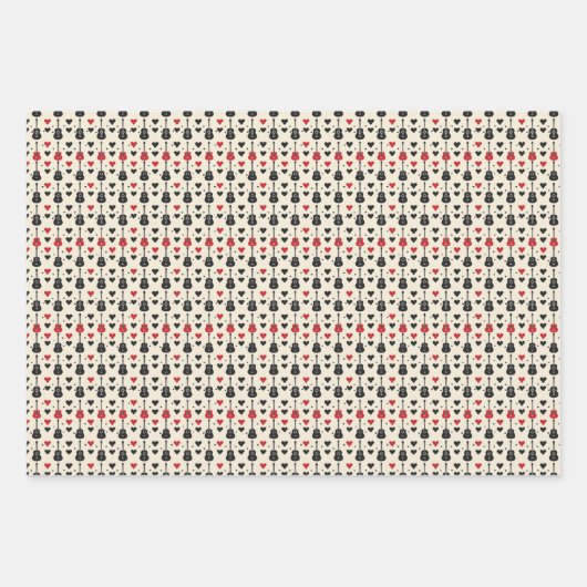 Schwarz-Rot-Gitarre-Herzmuster auf Off-White Geschenkpapier Set (Vorderseite)