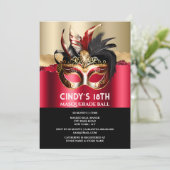 Schwarz Rot Gold Maskerade Geburtstag Maske Chic Einladung (Stehend Vorderseite)