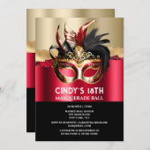Schwarz Rot Gold Maskerade Geburtstag Maske Chic Einladung (Vorne/Hinten)