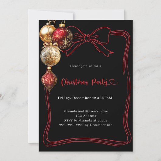 Schwarz-Rot-Goldbaubles-Bug Weihnachts-Party Einladung (Vorderseite)