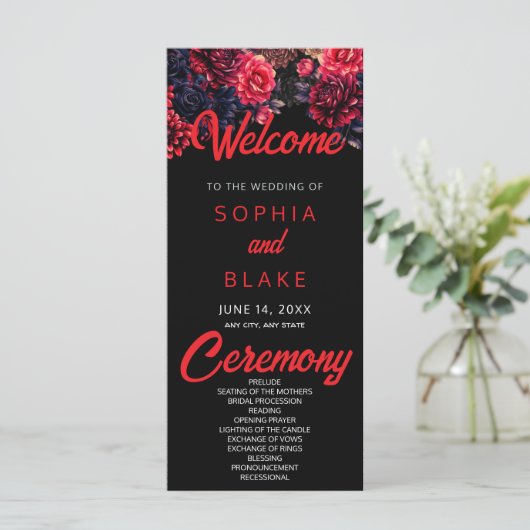 Schwarz-Rot-Gotik-Bläserei-Hochzeitsprogramm (Stehend Vorderseite)