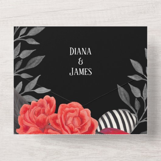 Schwarz-Rot-Gotik-Blumenhandschuh All In One Einladung (Rückseite)