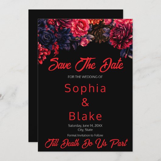 Schwarz-Rot-Gotik Blütendark Save the Date Einladung (Vorne/Hinten)