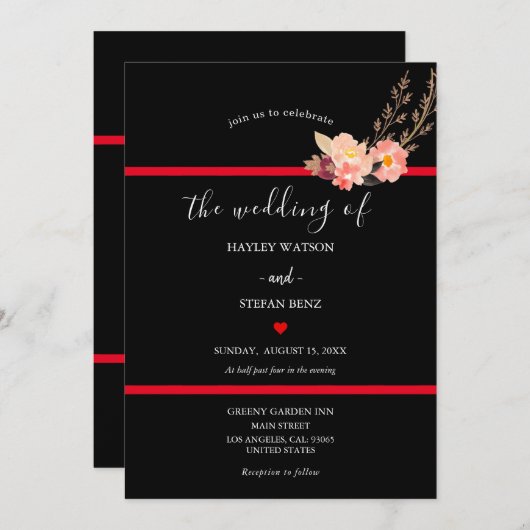 Schwarz-Rot-Hochzeit Einladung (Vorne/Hinten)