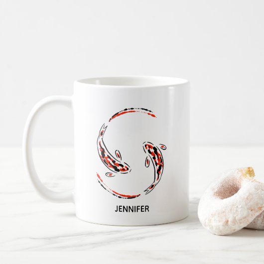 Schwarz & Rot Japanisch Koi Fisch Künstlerisch Kaffeetasse (Mit Donut)