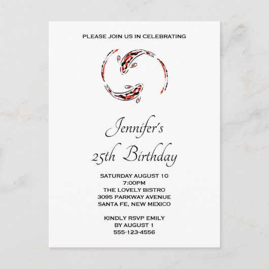 Schwarz/Rot Japanisch Koi Fischpaare Geburtstag Einladungspostkarte (Vorderseite)