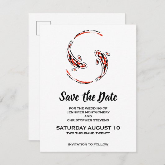 Schwarz-Rot-Koi-Hochzeit: Das Datum speichern Einladungspostkarte (Vorne/Hinten)