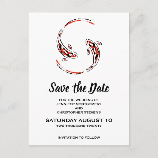 Schwarz-Rot-Koi-Hochzeit: Das Datum speichern Einladungspostkarte (Vorderseite)