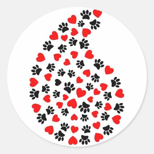 Schwarz-Rot-Paw-Druck und Herz Paisley Print Runder Aufkleber (Vorderseite)