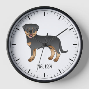 Schwarz-Rot-Rottweiler Süßer Cartoon-Hund und Name Uhr