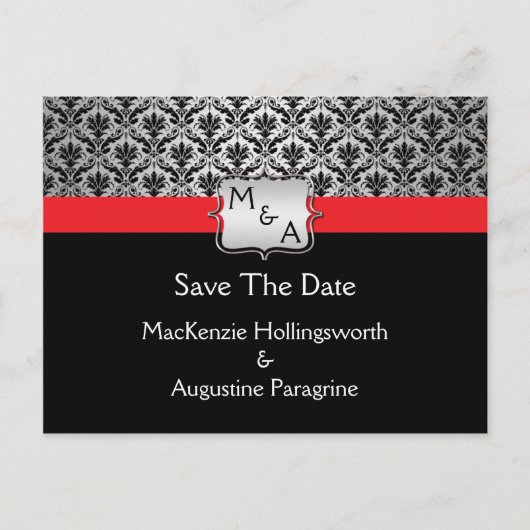 Schwarz-Rot-Silber-Monogramm-Damaske Save the Date Ankündigungspostkarte (Vorderseite)