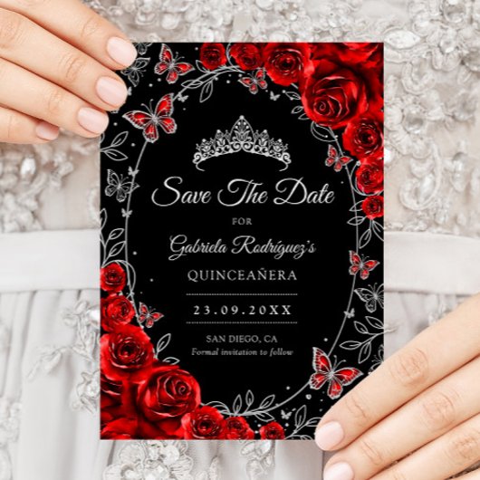 Schwarz Rot Silber Quinceanera Save The Date