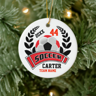 Schwarz, Rot und Weiß personalisieren Fußball ⚽ Keramik Ornament