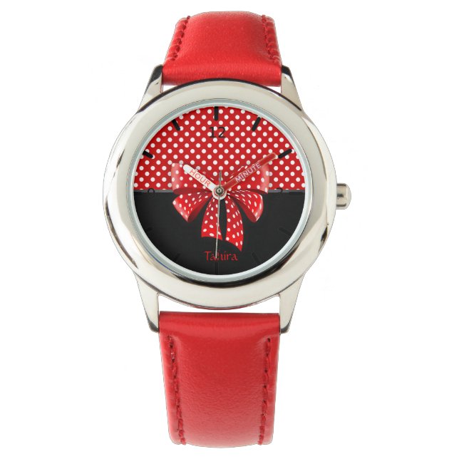 Schwarz, Rot und Weiß Polka Dots Ribbon Armbanduhr (Vorderseite)