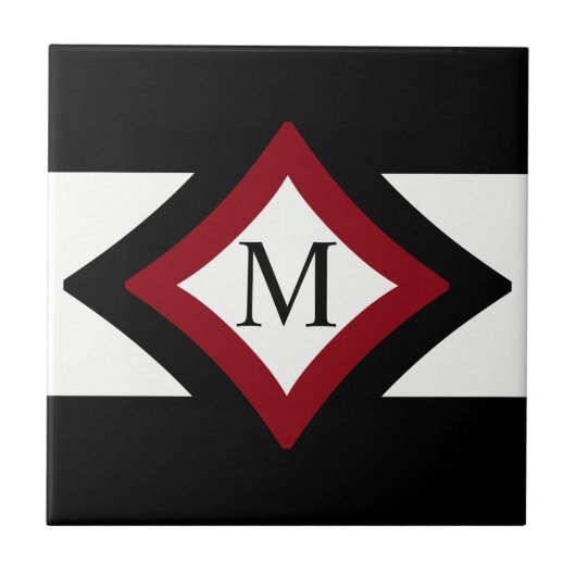 Schwarz, Rot und Weiß Stilvolle Diamant-Monogramm Fliese (Vorderseite)
